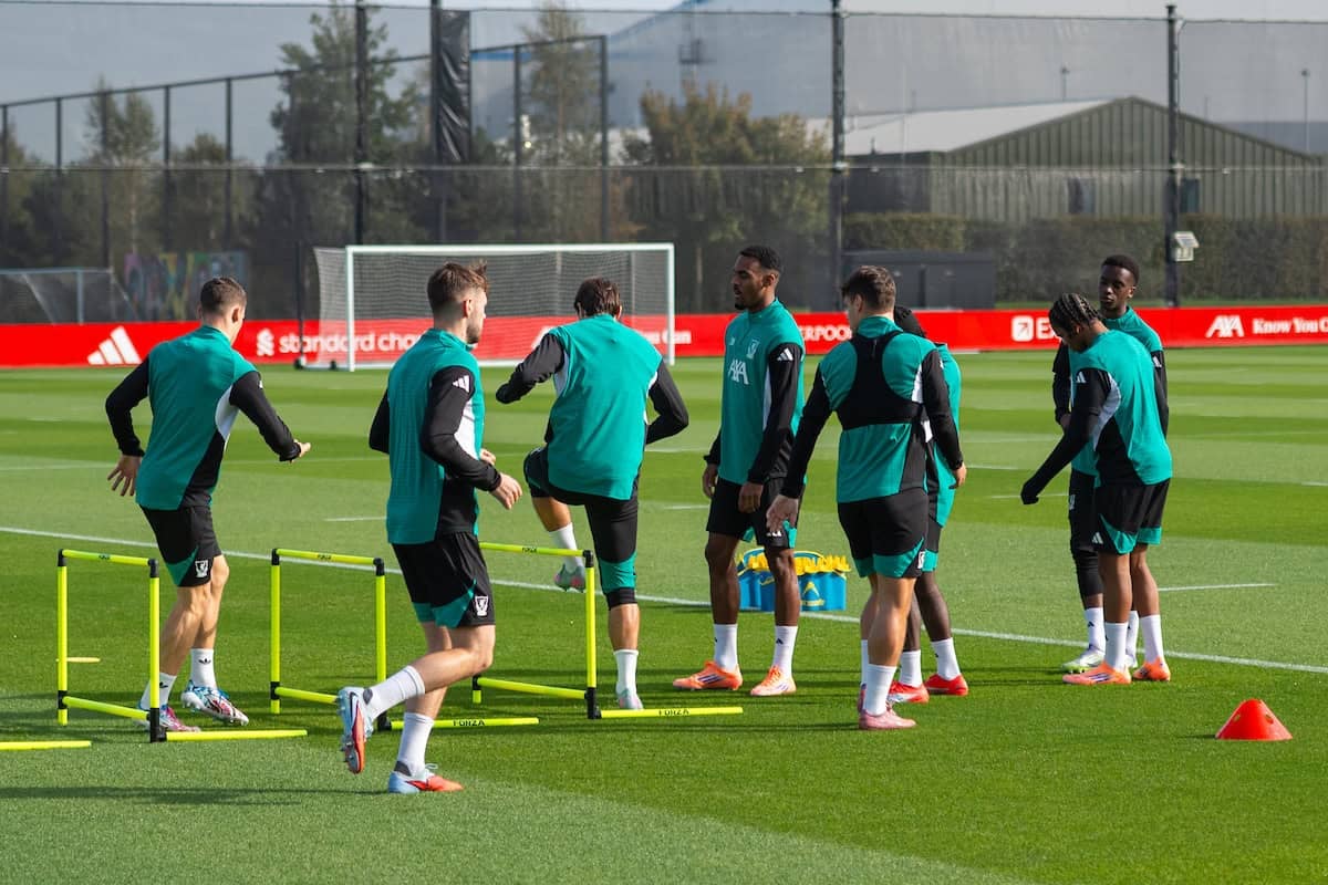 LIVERPOOL, ENGLAND - Monday, September 29, 2025: Liverpool players during a training session at the AXA Training Centre ahead of the UEFA Champions League match between Galatasaray A.?. and Liverpool FC. (Photo by Richard Martin-Roberts/Propaganda)