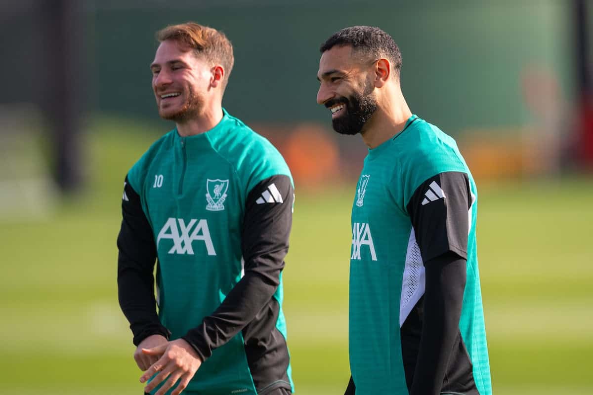 LIVERPOOL, ENGLAND - Monday, September 29, 2025: Liverpool team-mates Alexis Mac Allister and Mohamed Salah during a training session at the AXA Training Centre ahead of the UEFA Champions League match between Galatasaray A.?. and Liverpool FC. (Photo by Richard Martin-Roberts/Propaganda)