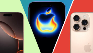 iPhone 16 Pro Max front on a green background, iPhone 16 Pro Max with Apple iPhone 17 logo on the screen on a blue background and iPhone 16 Pro Max rear showing the camera module on a red background