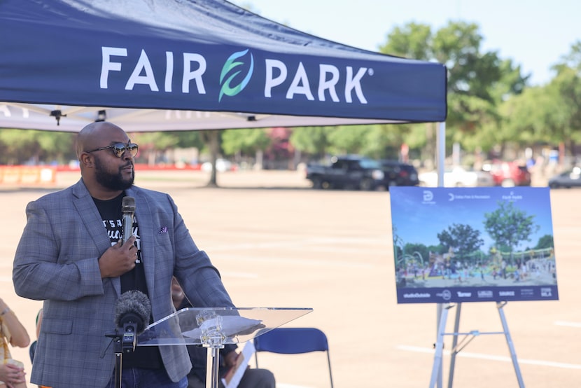 Jason Brown, Community Park project chair and Fair Park First board vice chair, speaks...