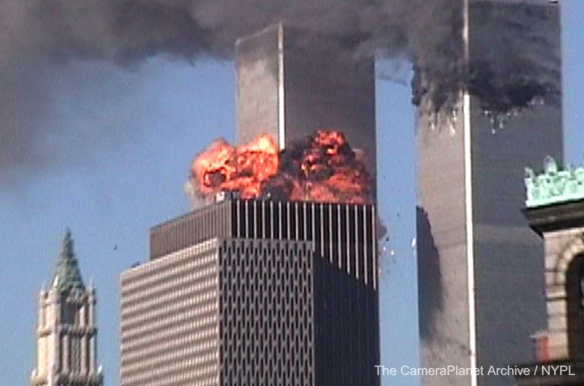This still from the CameraPlanet archive shows the aftermath of United Airlines Flight 175 striking the south tower of the World Trade Center on Sept. 11, 2001.