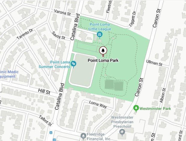 Point Loma Park at Catalina Boulevard and Varona Street is the home of Point Loma Little League and Point Loma Summer Concerts. (Bing Maps and Point Loma-OB Monthly)