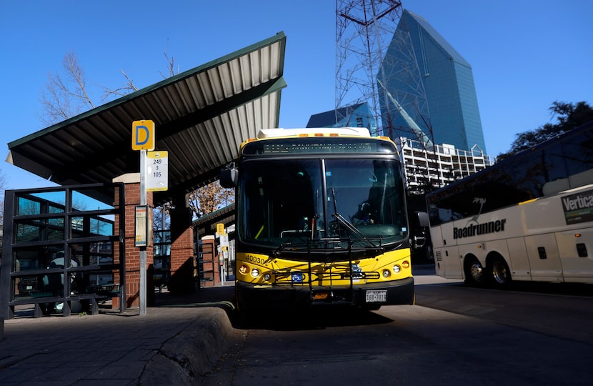 A DART bus pulls away from the West Transfer Center in downtown Dallas, March 12, 2025. 