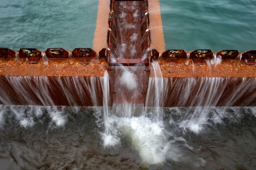 Water flows through a sedimentation basin at the North Texas Municipal Water District...