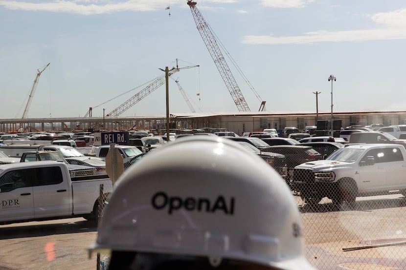 The steel frame of data centers under construction during a tour of the OpenAI data center...