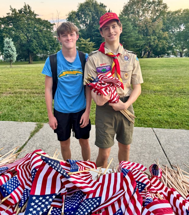 Scouts Jamison Slobodian, right, and Mark Kovacs carefully collected the...