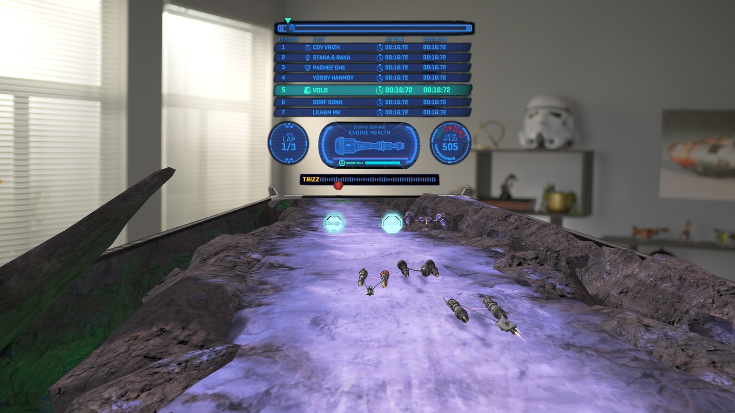 A gameplay screenshot from Star Wars: Beyond Victory, showing a podrace on a barren planet with a live leaderboard.