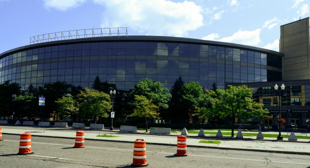 The Xcel Energy Center logo has come down, soon to be replaced with Grand Casino Arena logo, in downtown St. Paul.