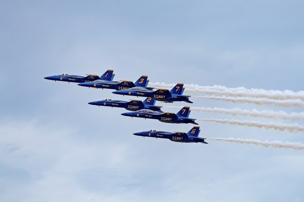 The Navy's precision flight team, the Blue Angels, fly above the crowd at the MCAS Miramar Air Show on Friday, Sept. 22, 2023, in San Diego. (Nelvin C. Cepeda / The San Diego Union-Tribune)