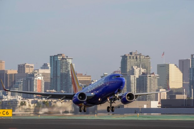 A Southwest Airlines airplane taking off at the San Diego International Airport on Tuesday, Feb. 18, 2025 in San Diego, California. (Alejandro Tamayo / The San Diego Union-Tribune)