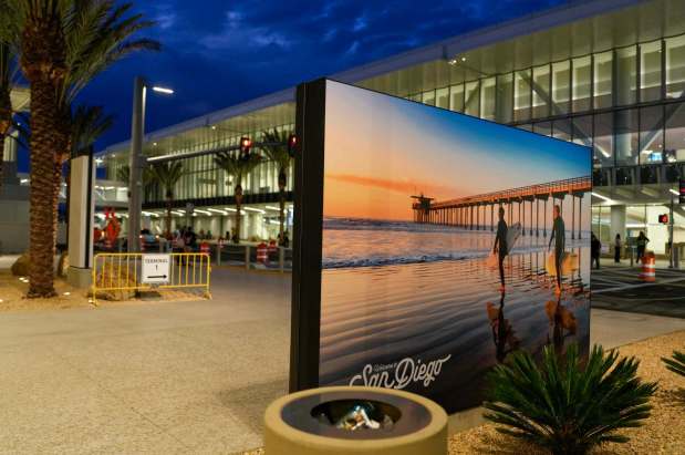 San Diego International Airport will welcome the first flights to arrive at the new Terminal 1. A large display outside the new Terminal 1 at the San Diego International Airport on Monday, Sept. 22, 2025 in San Diego, California. (Alejandro Tamayo / The San Diego Union-Tribune)