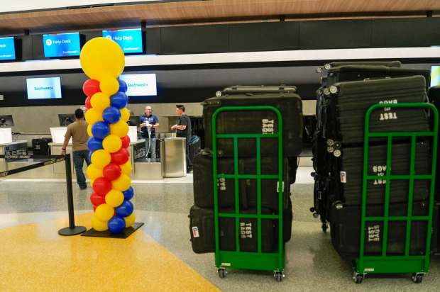 San Diego International Airport will welcome the first flights to arrive at the new Terminal 1. Southwest Airlines ballon decorations outside it's ticket booths at the San Diego International Airport on Monday, Sept. 22, 2025 in San Diego, California. (Alejandro Tamayo / The San Diego Union-Tribune)