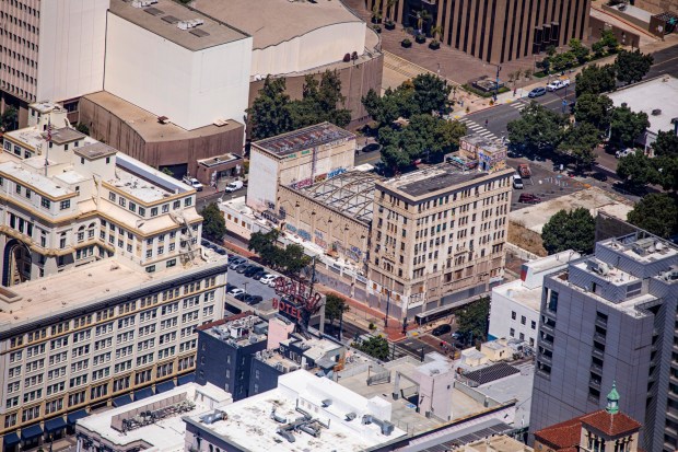 An aerial view of the California Theater at the corner of Fourth Ave. and C Street in downtown San Diego. (Troy Hartman)