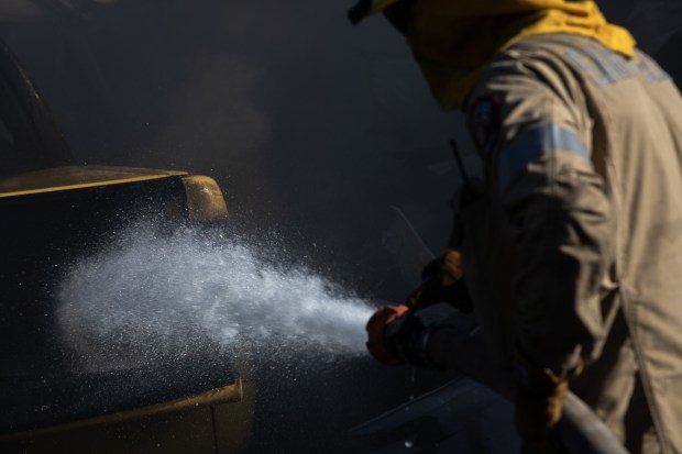Crews work to put out a fire at Monterey Mobile Lodge that started around 3 p.m. on Monday, Sept. 8, 2025 in Lakeside, CA. (Ana Ramirez / The San Diego Union-Tribune)