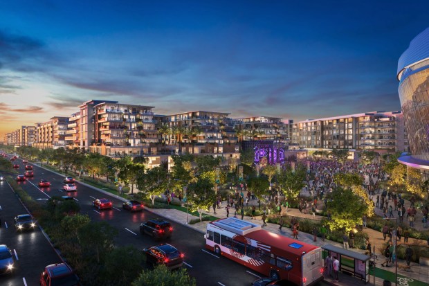 A rendering of Midway Rising's entertainment center, an outdoor public park and plaza referred to as "The Square," and mixed-use residential and commercial buildings, as seen looking northwest from Sports Arena Boulevard.(Midway Rising/Safdie Rabines Architects)