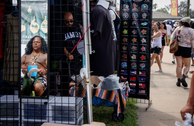 Vendor booths at the Pacific Islander Festival at Ski Beach on Mission Bay on Saturday, Sept. 2025. The festival featrured foodbooths, atras and craftes booths and performers form several Pacific Island Nations. ( Photo by Sandy Huffaker for The San Diego Union-Tribune)