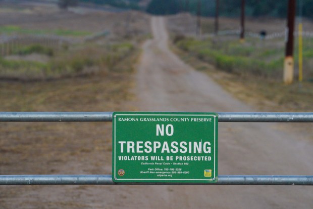 The trailhead for the Old Survey Road 97 Trail in the Ramona Grasslands. (Nelvin C. Cepeda / The San Diego Union-Tribune)