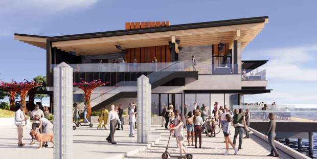 A rendering of The Landing project that shows the public walkway on the perimeter of the two-story restaurant building. As proposed, the walkway will only be open during business hours.(Gensler)