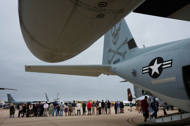Aviation fans at the air show held at Miramar Marine Corps Air Station on Saturday, Sept. 27, 2025 in San Diego. The event which includes aerial vintage aircraft, displays and immersive experiences runs through Sunday. (Nelvin C. Cepeda / The San Diego Union-Tribune)