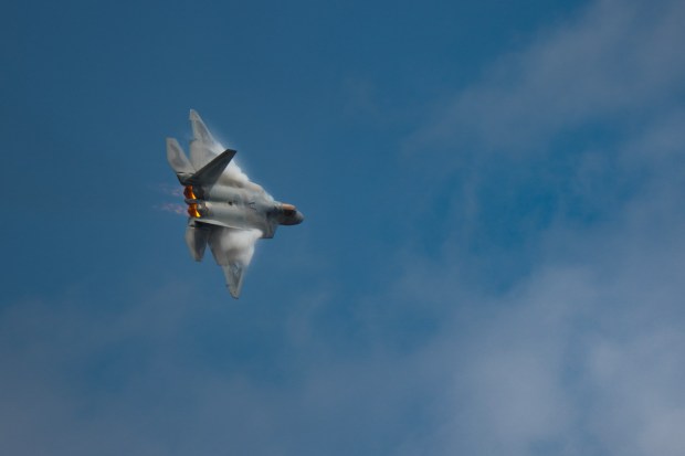 USAF F-22 Raptor demonstration flight at the Miramar Air Show 2025. The event, which includes vintage aerial aircraft, displays, and immersive experiences, runs through Sunday. (Nelvin C. Cepeda / The San Diego Union-Tribune)