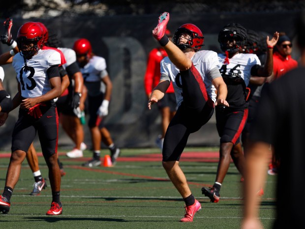 San Diego State punter Hunter Green stretches during a practice on Aug. 5, 2025 in San Diego, California. (K.C. Alfred / The San Diego Union-Tribune)