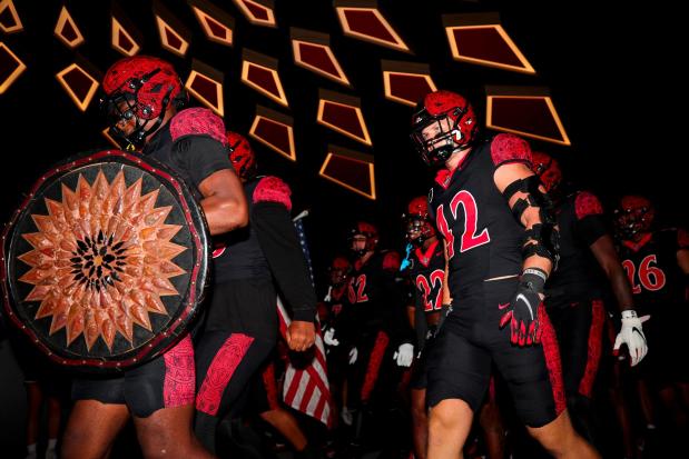 San Diego State Aztecs take the field before their game against the Stony Brook Seawolves at Snapdragon Stadium on Thursday, Aug. 28, 2025 in San Diego, CA. (Meg McLaughlin / The San Diego Union-Tribune)