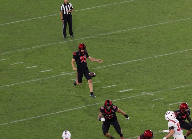 SDSU's Hunter Green punts during last week's season-opening win over Stony Brook at Snapdragon Stadium. (Justin Truong, SDSU athletics)