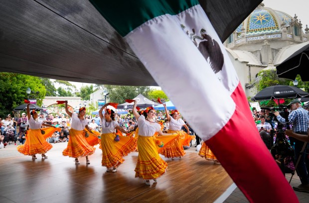 Dancers from the group DanzArts performed during the Mexican Independence celebration held at the Old Globe Plaza in Balboa Park on Saturday, Sept. 13, 2025, in San Diego, CA.  (Nelvin C. Cepeda / The San Diego Union-Tribune)