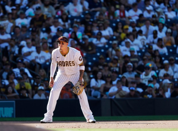 Manny Machado #3 of the San Diego Padres looks on during a game against the Milwaukee Brewers at Petco Park on Sept. 24, 2025 in San Diego, CA. (Photo by K.C. Alfred / The San Diego Union-Tribune)
