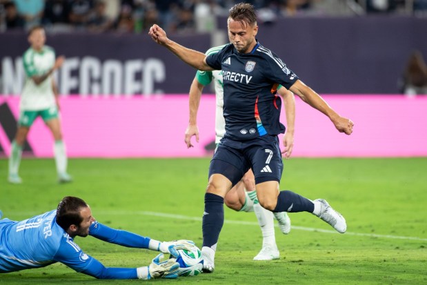 San Diego Football Club's, Marcus Ingvartsen (7) fighting for position during Saturday's Major League Soccer match against Austin FC, at Snapdragon Stadium in San Diego, CA. (Xavier Hernandez for the UT)