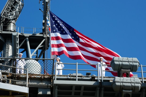Making her way down San Diego Bay on Thursday, Sept. 25, 2025, the USS America (LHA 6) pulls into Naval Base San Diego. (Nelvin C. Cepeda / The San Diego Union-Tribune)