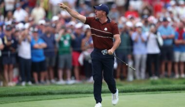 Rory McIlroy of Team Europe yells to the crowd as he walks off the 17th hole green during the Saturday afternoon four-balls matches of the 2025 Ryder Cup.