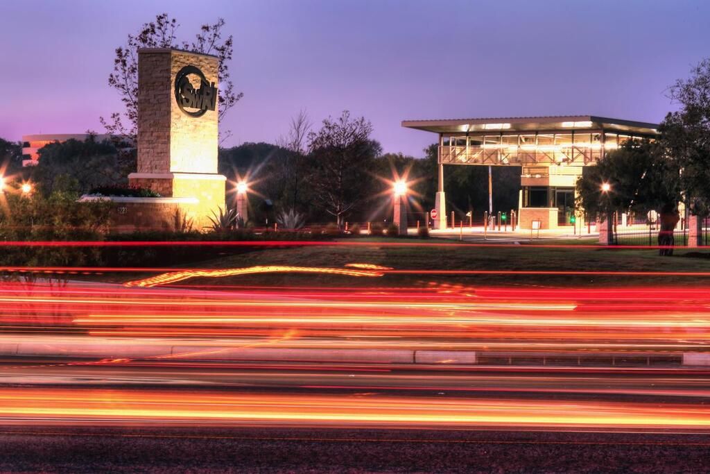 SwRI Front gate at night with a long exposure