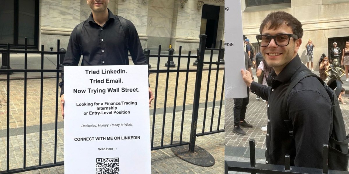 Gen Z grad sent 1,000+ job apps—after no luck, he carried a sign on Wall Street begging for work