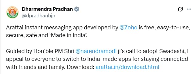 Union minister Dharmendra Pradhan on the Arattai app.(X)