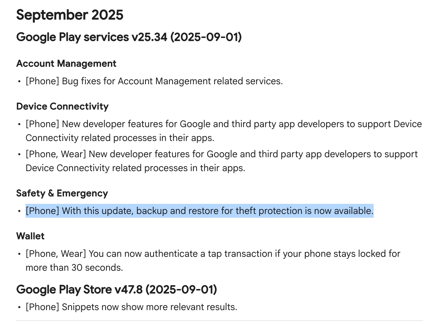 September Google play services update