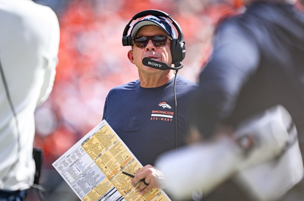 Head coach Sean Payton of the Denver Broncos works agianst the Tennessee Titans during the second quarter at Empower Field at Mile High on Sunday, Sept. 7, 2025. (Photo by AAron Ontiveroz/The Denver Post)