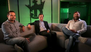 DraftKings cofounders (left to right) Paul Liberman, Jason Robins, and Matt Kalish in the company’s production studio in 2022.