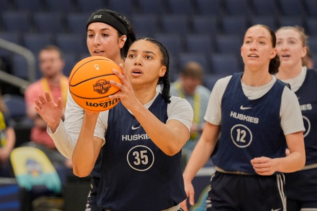 UConn guard Azzi Fudd (35) lines up a shot during practice at the Final Four of the NCAA college basketball tournament Thursday, April 3, 2025, in Tampa, Fla. (AP Photo/John Raoux)