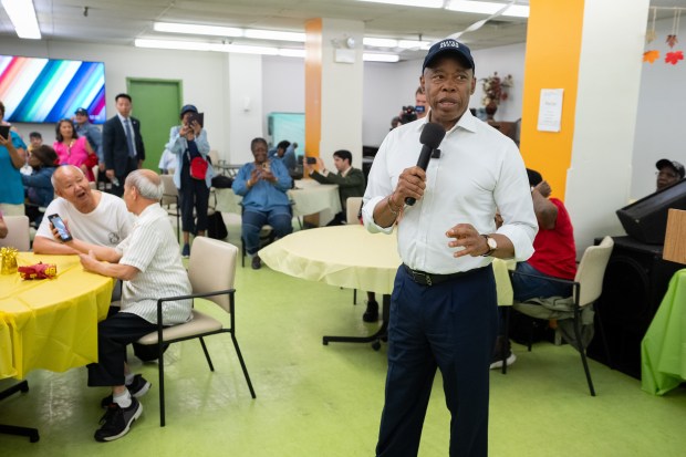 Mayor Eric Adams makes a campaign stop at the Mid-Bronx Senior Citizens Center Friday, Sept. 12, 2025 in the Bronx New York, New York. (Barry Williams/ New York Daily News)