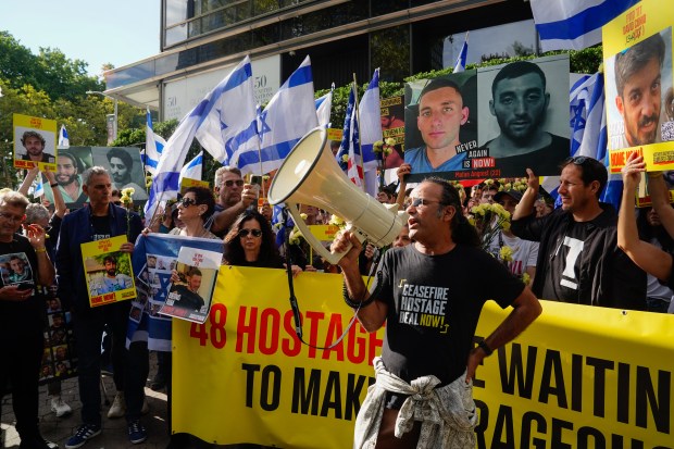 Ruby Chen, father of hostage Itay Chen, speaks during a protest advocating for the release of Israeli hostages outside the United Nations during Benjamin Netanyahu's speech at the United Nations General Assembly on Friday, Sept. 26, 2025 in Manhattan, New York, (Barry Williams/ New York Daily News)