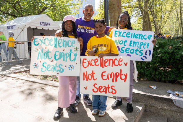 People are pictured during an Excellence in Education rally at Cadman Plaza Park in Brooklyn, New York, on Thursday, Sept. 18, 2025. (Theodore Parisienne / New York Daily News)