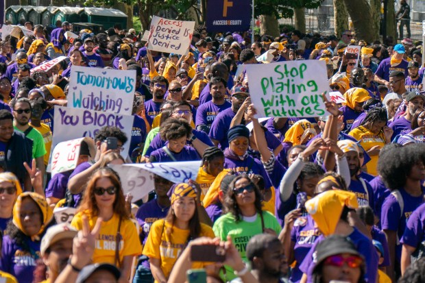 Thousands of people turned up for an Excellence in Education rally at Cadman Plaza Park in Brooklyn, New York, on Thursday, Sept. 18, 2025. (Theodore Parisienne / New York Daily News)