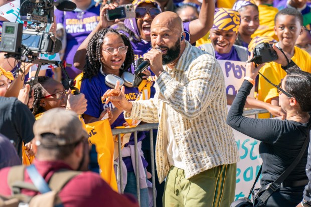 Rapper Common provided entertainment to thousands of people who turned up for the Excellence in Education rally at Cadman Plaza Park in Brooklyn on Thursday, Sept. 18, 2025. (Theodore Parisienne / New York Daily News)
