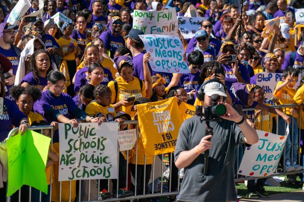Thousands of people turned up for an Excellence in Education rally at Cadman Plaza Park in Brooklyn, New York, on Thursday, Sept. 18, 2025. (Theodore Parisienne / New York Daily News)