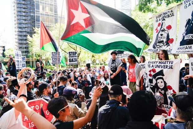 Pro-Palestinian activists protest in Dag Hammarskjold Plaza outside the United Nations General Assembly Friday, Sept. 26, 2025 in Manhattan, New York. (Barry Williams/ New York Daily News)