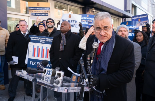 SBA President Vinny Vallelong speaks during a protest of Mayor Eric Adams outside the Apollo Theatre before Adams delivers his State of the City Address on Thursday, Jan. 9, 2025 in Manhattan, New York. (Barry Williams / New York Daily News)