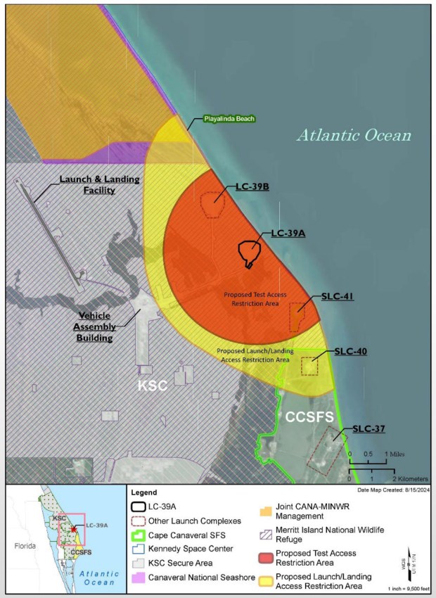 This map shows the proposed security areas that could require closure during launch activities for the Starship launch site at Kennedy Space Center. (FAA)