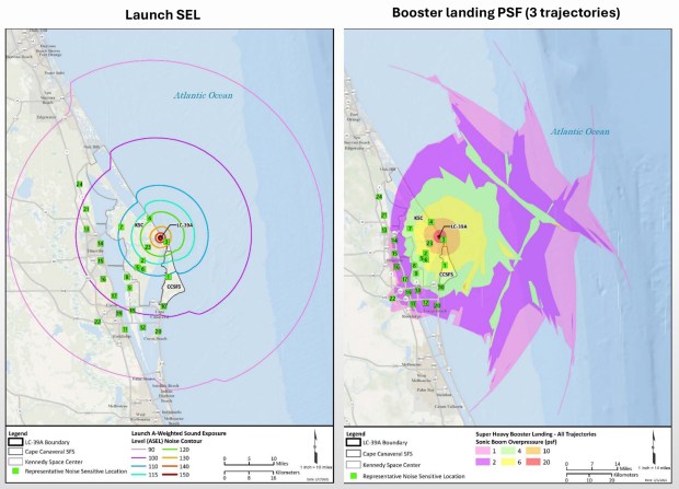 This map shows the potential sleep disturbance ranges for launches (left) and booster landings for Starship missions from Kennedy Space Center. (FAA)