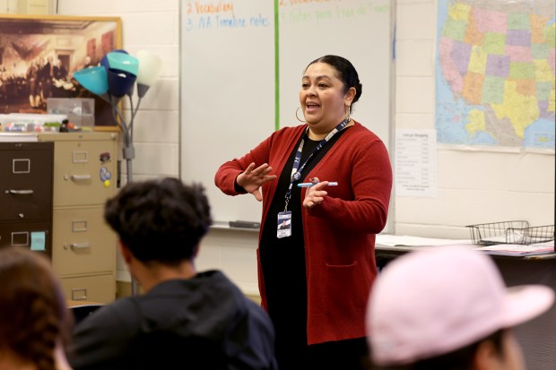 Rosalinda Hurtado teaches an entrepreneurship class at Napa High School in Napa Monday, Sept. 15, 2025. (Beth Schlanker / The Press Democrat)
